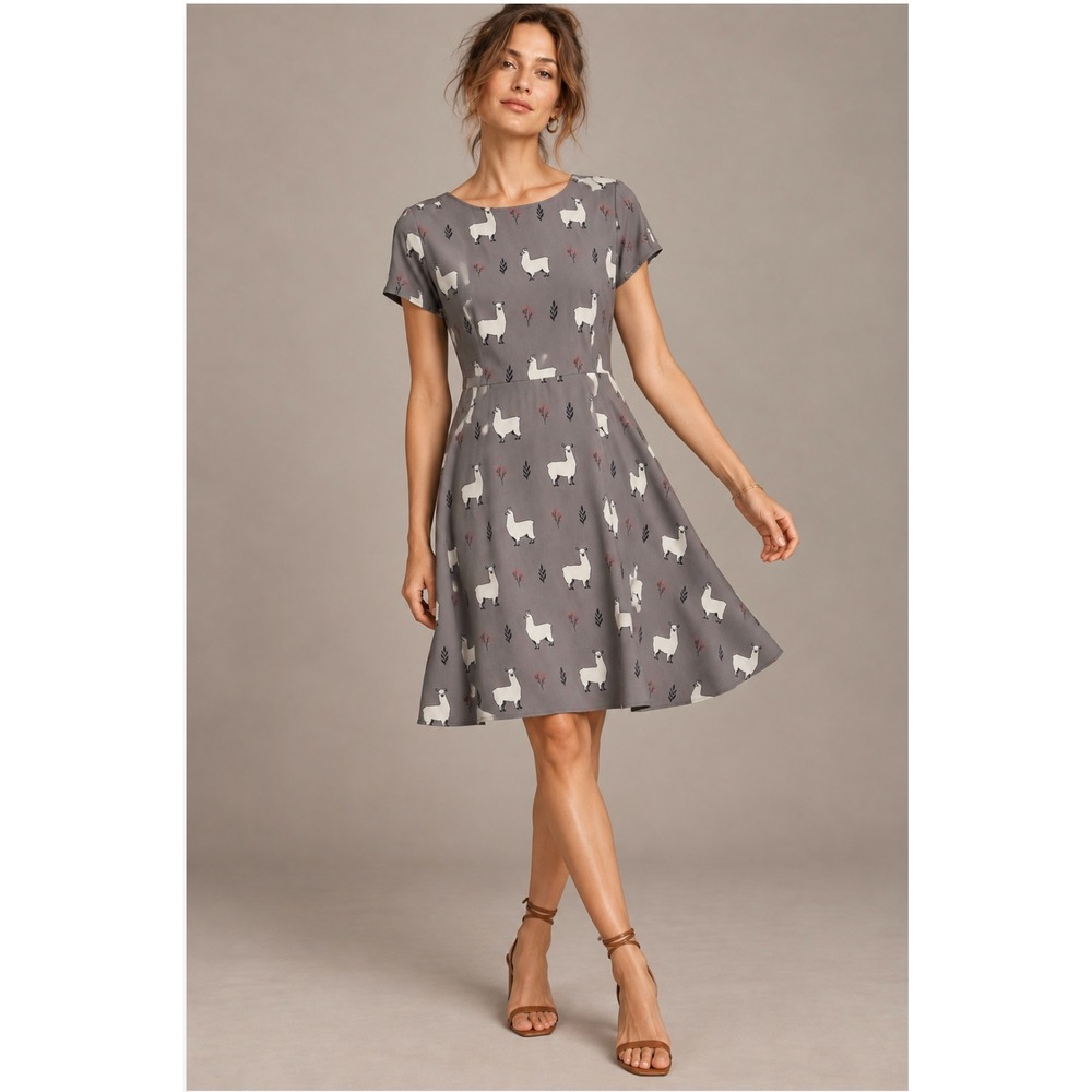 L.A. Soul Llama Print Dress Large Grey Fit & Flare Novelty Whimsical Pockets